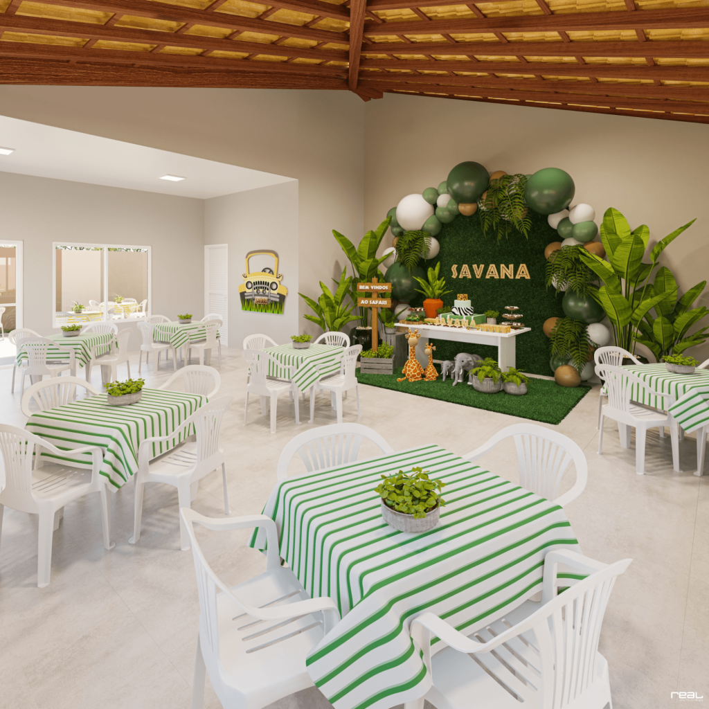Perspectiva de salão de festas de um condomínio-clube Morar Construtora. Imagem ilustrativa para post sobre como fazer festa em salão de condomínio.