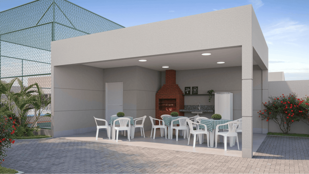 Área gourmet com churrasqueira de condomínio-clube Morar Construtora.