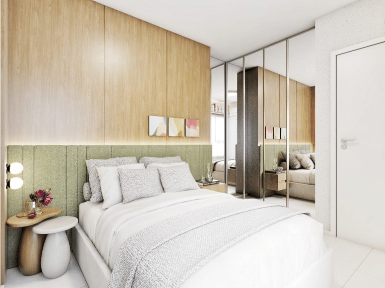 Quarto do casal no decorado do Colina das Amoras Residencial Clube.